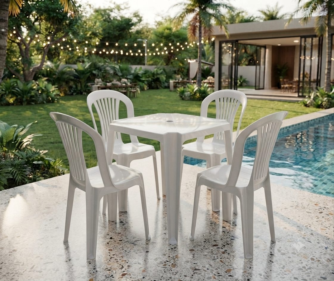 Jogo de mesa branco com quatro cadeiras