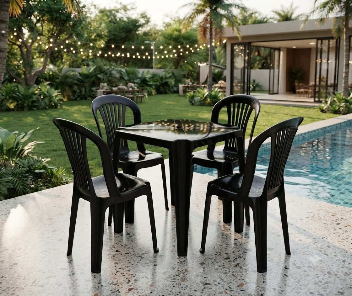 Jogo de mesa preto com quatro cadeiras à beira da piscina